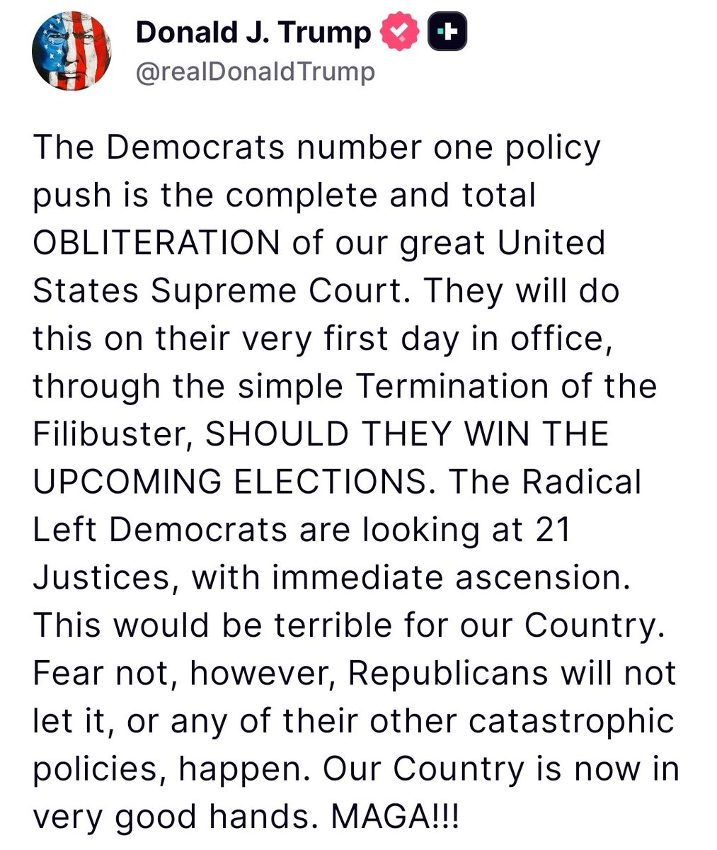 🚨한국의 민주당과 완전 같음.

민주당이 가장 중점적으로 추진하는 정책 1순위는 우리 위대한 미국 연방대법원의 완전하고도 전면적인 파괴입니다. 

그들은 다가오는 선거에서 승리하기만 하면, 필리버스터를 즉각 폐지하는 방식으로 첫날부터 이것을 실행할 것입니다. 

급진적 좌파 민주당은