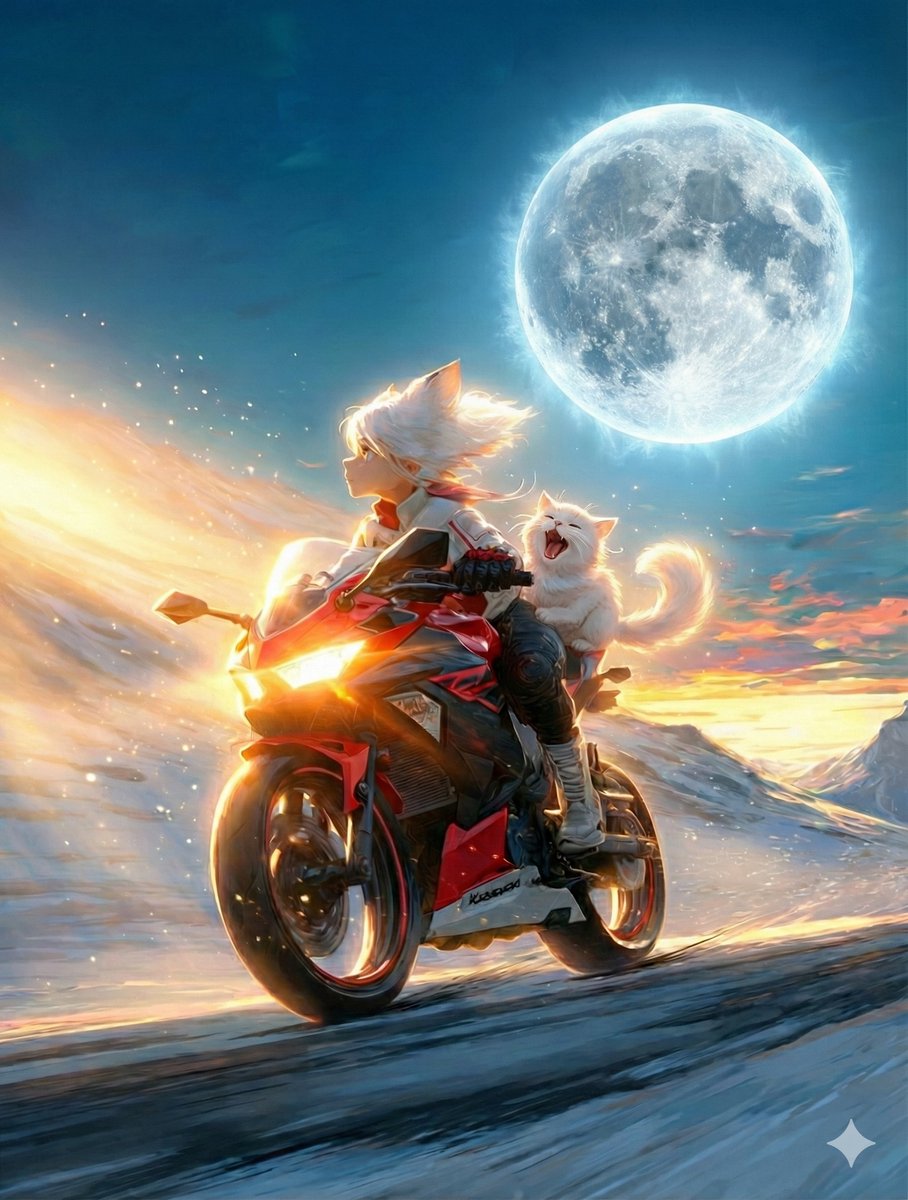 西の空に沈むコールドムーンと東から昇る朝陽。

「月」と「太陽」が同時に存在する幻想的なマジックアワー……なのですが。
後部座席のネコ様は、絶景そっちのけで大あくび。

「花より団子」ならぬ「絶景より二度寝」。

夜と朝が交差する六甲山の夜明けから皆さんおはよーございますにゃ！