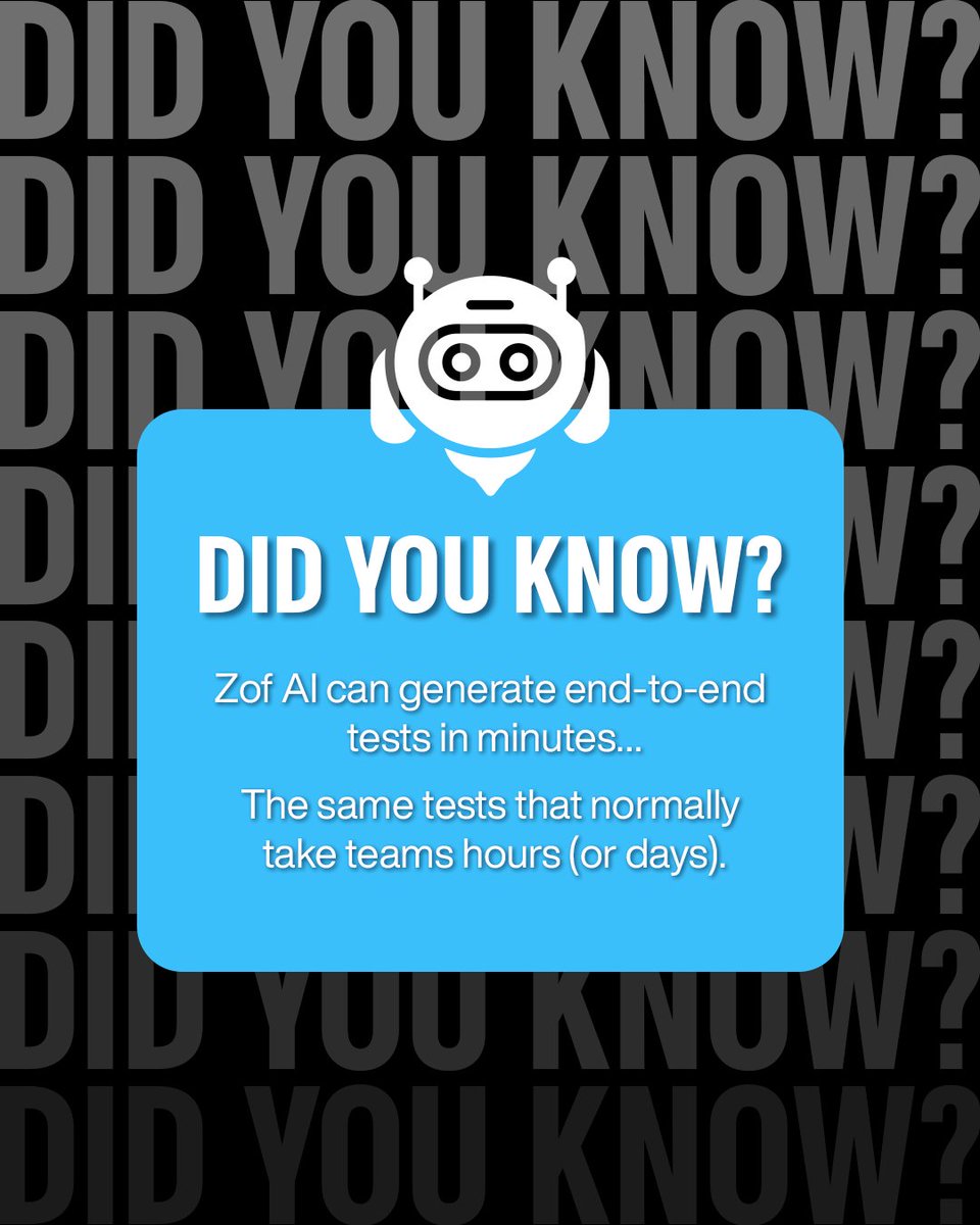 Zof AI generates full end-to-end tests in minutes — not hours.
Ship faster. Break less. ⚡👀

#ZofAI #AutonomousTesting #QA #AI #SoftwareTesting