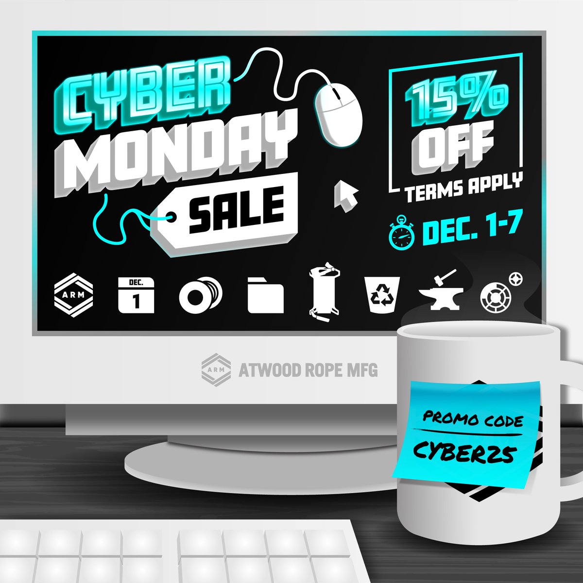 AtwoodRope's tweet photo. Cyber Monday Sale continuing until Sunday night midnight pacific standard time. Use Cyber25 at checkout for 15% off anything not already on sale. Christmas is only a couple weeks away! Check out the Black Friday Deals on the homepage still running! Use this link to auto apply at checkout:  https://t.co/xzqzHAh7f2