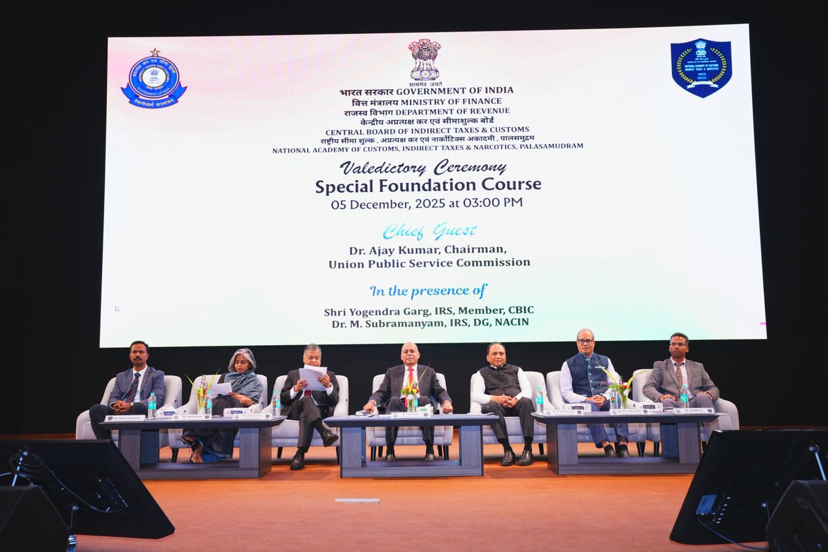 On the successful completion of the Special Foundation Course for the Officer Trainees of CSE 2023, a Valedictory Ceremony was held today at NACIN Palasamudram. The event was graced by Dr. Ajay Kumar, Chairman, UPSC, as Chief Guest, in the presence of Shri Yogendra Garg, Member
