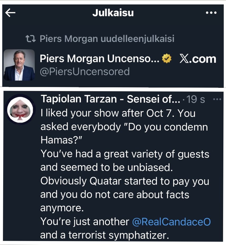 Tää <a href="/PiersUncensored/">Piers Morgan Uncensored</a> on pahin takinkääntäjä ever ja täysin kyrpä britti joka kannattaa sitä joka maksaa eniten…

<a href="/mattimolari/">Matti Molari</a> <a href="/TereSammallahti/">Tere Sammallahti 🇫🇮💙🇺🇦</a> <a href="/AtteKaleva/">Atte Kaleva</a> <a href="/anteryasafi/">Anter</a>  

Slava Ukraini &amp; Am Yisrael Chai 🙏🏻