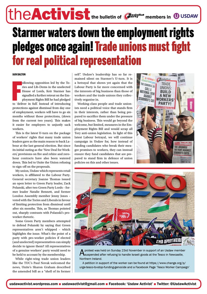 🚩🚩🚩The latest issue of the Activist is out now!

Articles on the state of British retail, employment rights bill U-turn, two child benefit cap scrapped &amp; Tesco worker suspended after refusing to handle Israeli goods

👉👉👉Read the Activist online at wp.me/p1VEQE-aX