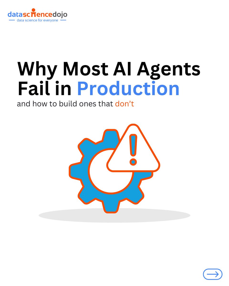 DataScienceDojo's tweet image. 🚀 From Lab Magic to Real-World Impact: Why Most AI Agents Fail and How to Make Yours Last

AI agents dazzle in demos and pilots, but most crash when faced with messy, real-world data. They stall, make mistakes silently, and fail to deliver lasting business value. Why? The…