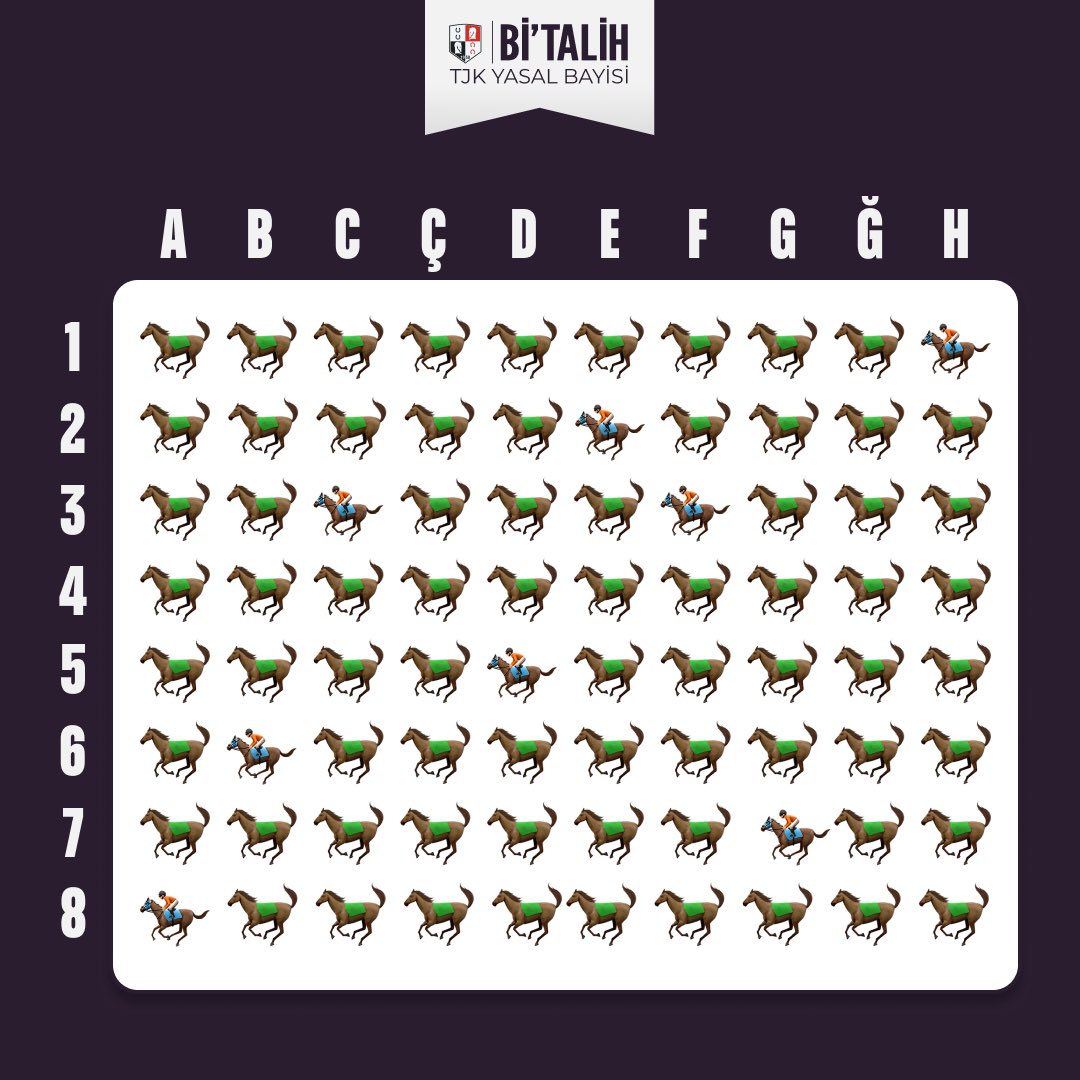 Aralara saklanan farklı at emojilerini bul!

Örnek: A6 - B7

Doğru cevabı yaz, üye numaranla cevapla, 100 TL bonusu kap! 🎉

Doğru yanıtı veren ilk 50 <a href="/geldibitalih/">Bitalih</a> takipçisine 100 TL bonus!

Not: Kampanyadan sadece doğru cevabı veren İLK 50 <a href="/geldibitalih/">Bitalih</a> takipçisi