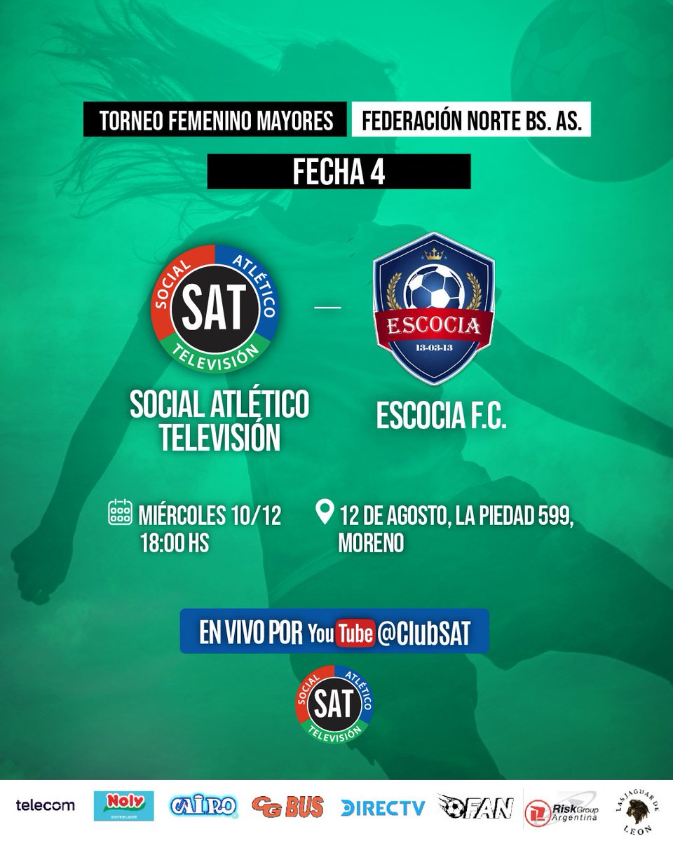 #FútbolFemenino | Recibimos a Escocia F.C. 💪

🏆 Federación Norte Bs. As.| Fecha 4
⌚ Miércoles 10/12 | 18:00 hs
🏟 12 de Agosto
📱 YouTube: Club SAT 

#VamosLaTele 🇬🇲
#SintonizandoNuestraPasión