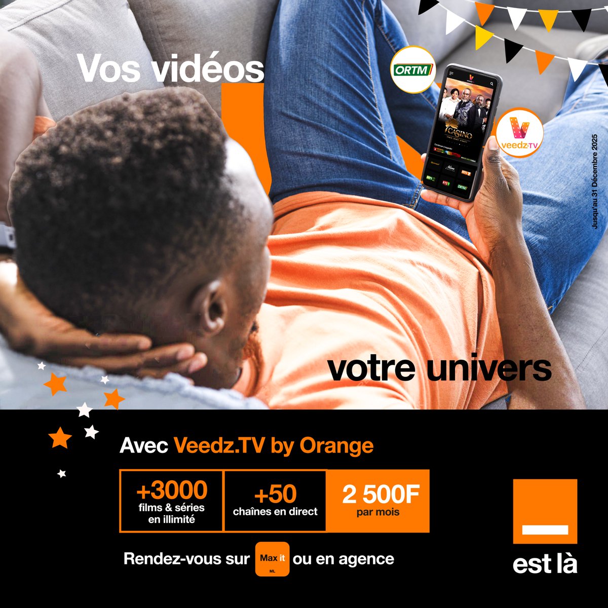 Orange_Mali's tweet image. Explorez un monde de divertissement avec Veedz.TV by Orange en cette période de match 🎬✨
Souscrivez à Veedz ici 👉🏾 twtr.to/0IcqD à 2500F/mois seulement et retrouvez ORTM, NOVELAS, TM1, RTI, RTS, TiVi5Monde et bien plus encore 😉.
#VeedzTV #Fibre