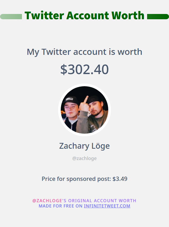 zachloge's tweet photo. My Twitter worth is: $302.40

➡️ https://t.co/Kej0uWYO0f https://t.co/4qKVYRLyId