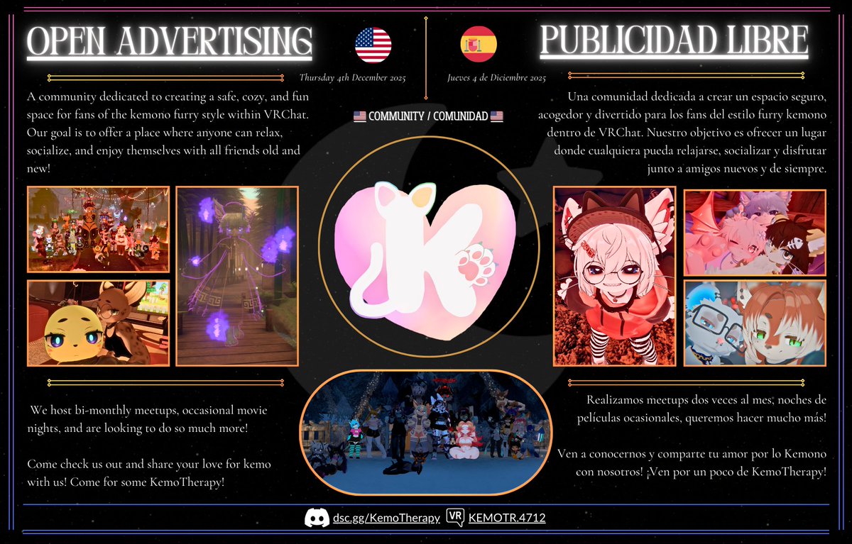 🇺🇸Join our bilingual community where we chill and explore! We’re all about creating a safe and fun space for everyone

🇪🇸Únete a nuestra comunidad bilingüe donde nos relajamos, exploramos y creamos un espacio seguro para todos

&gt; discord.gg/elalba &lt;
#VRChat #VRChatCommunity