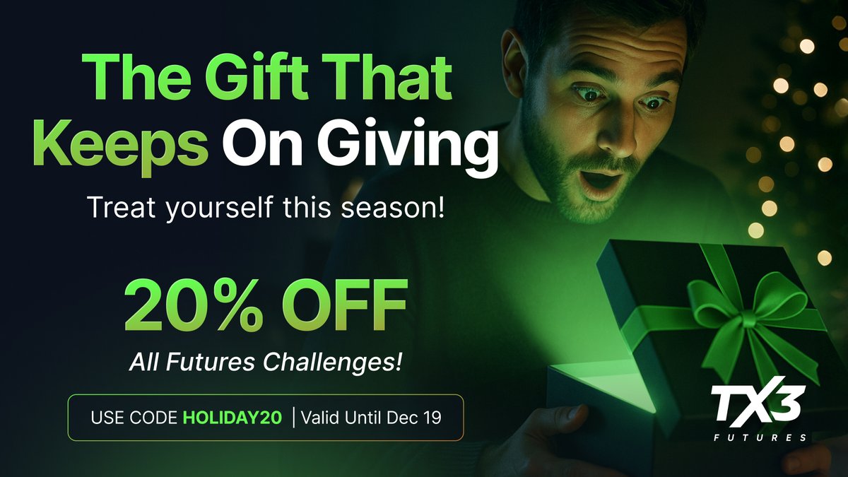 tx3funding's tweet photo. Holiday savings start now. 🎁
Get 20% OFF all Futures Challenges with code HOLIDAY20 until Dec 19.

#TX3Funding #FuturesTrading #PropTrading https://t.co/tAu9nPiq70