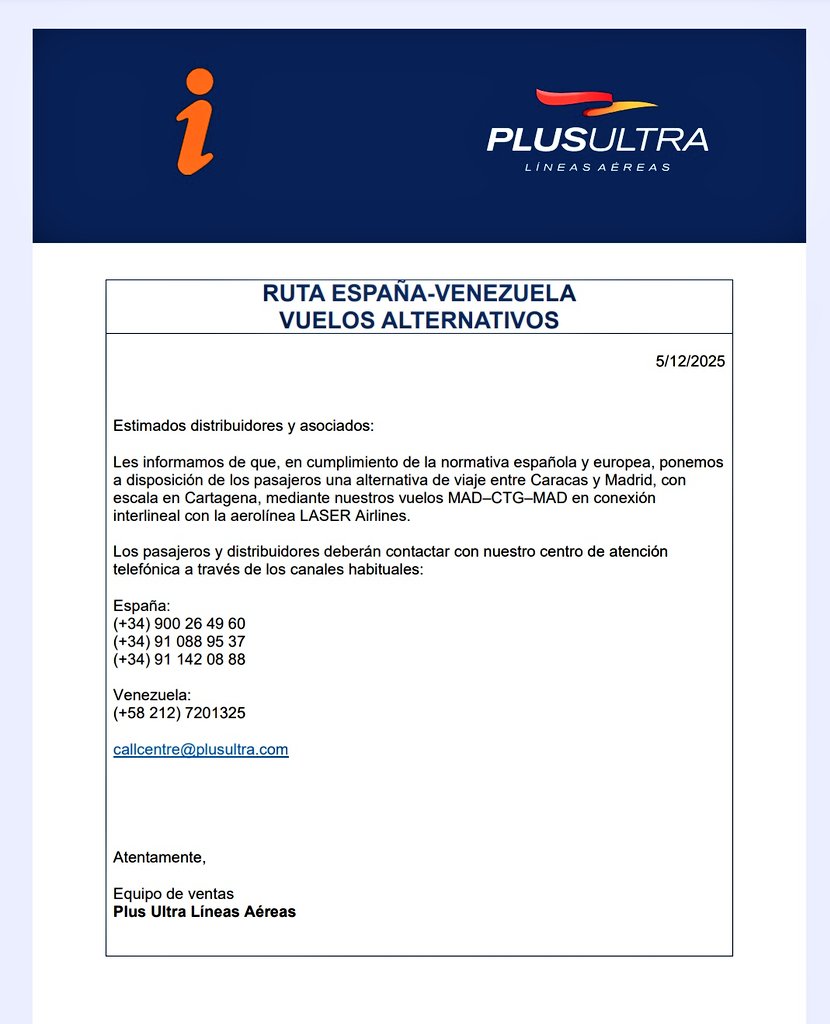 ¡Buenas tardes, gente! 
Feliz viernes para todos...
La aerolínea Plus Ultra acaba de anunciar que ofrece la alternativa de vuelos desde Madrid a Cartagena a los pasajeros varados por la suspensión de los vuelos entre España y Venezuela.