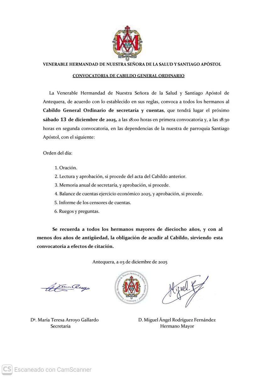 |CABILDO|

Por indicación del Hermano Mayor se cursa la Convocatoria de Cabildo General extraordinaria y ordinario.

📅 Sábado 13 de diciembre.
Se ruega máxima asistencia.

1️⃣ Cabildo extraordinario (17:00/17:30)
2️⃣ Cabildo ordinario 
(18:00/18:30)

#SaludAtq #SomosSalud