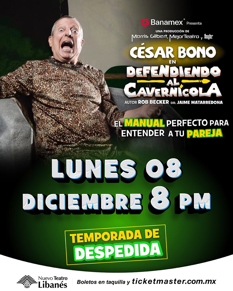 ¿Sabías que existe un manual para entender a tu pareja? ¡El próximo lunes <a href="/cesarbono/">César Bono</a> te va a revelar todos sus secretos en #DefendiendoAlCavernícola!

📍 Nuevo Teatro Libanés
📆 Lunes 08 de diciembre
⏰ Función a las 8:00 p.m.
🎟️ bit.ly/DefendiendoAlC…
