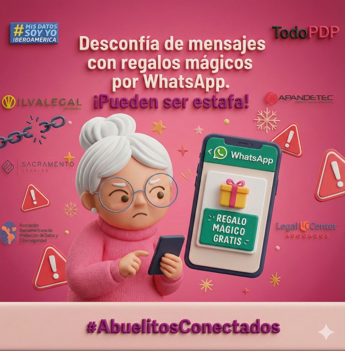 🎄👵🏼 Estas fiestas, no todo lo que brilla es oro (¡ni regalos mágicos en WhatsApp!)

Abuelita Tit@ te recuerda: si suena sospechoso, mejor no lo abras.

🎁 Que esta Navidad te regale tranquilidad digital.

#AbuelitosConectados #ProtegeTusDatos