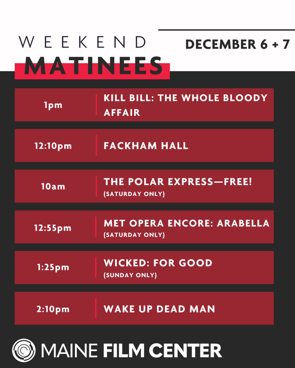 We’re not saying your weekend won’t be better with great films and the best popcorn in the universe…but are you really willing to chance it?
🎟️ Tickets + showtimes: watervillecreates.org/mainefilmcenter

#MaineFilmCenter #KillBill #NowShowing #MetOpera #WickedForGood #ThePolarExpress