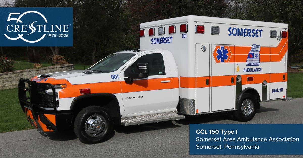 CrestlineCoach's tweet image. 🚑 Congrats to Somerset Area Ambulance Association in Somerset, PA, on their new CCL 150 Type I ambulance. Built on a Chevy 3500HD Gas 4×4 and delivered by Glick Fire Equipment, our dealer partner in PA. More at crestlineambulances.com/us/deliveries/….