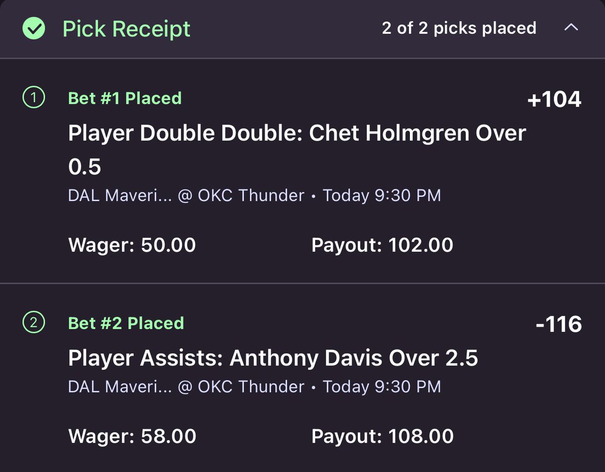 𝐋𝐀𝐒𝐓 𝐂𝐀𝐋𝐋 🥃

CHET DBL DBL
#ThunderUp 

AD “O” 2.5 ASTS
#MFFL 

Let’s close out the night.