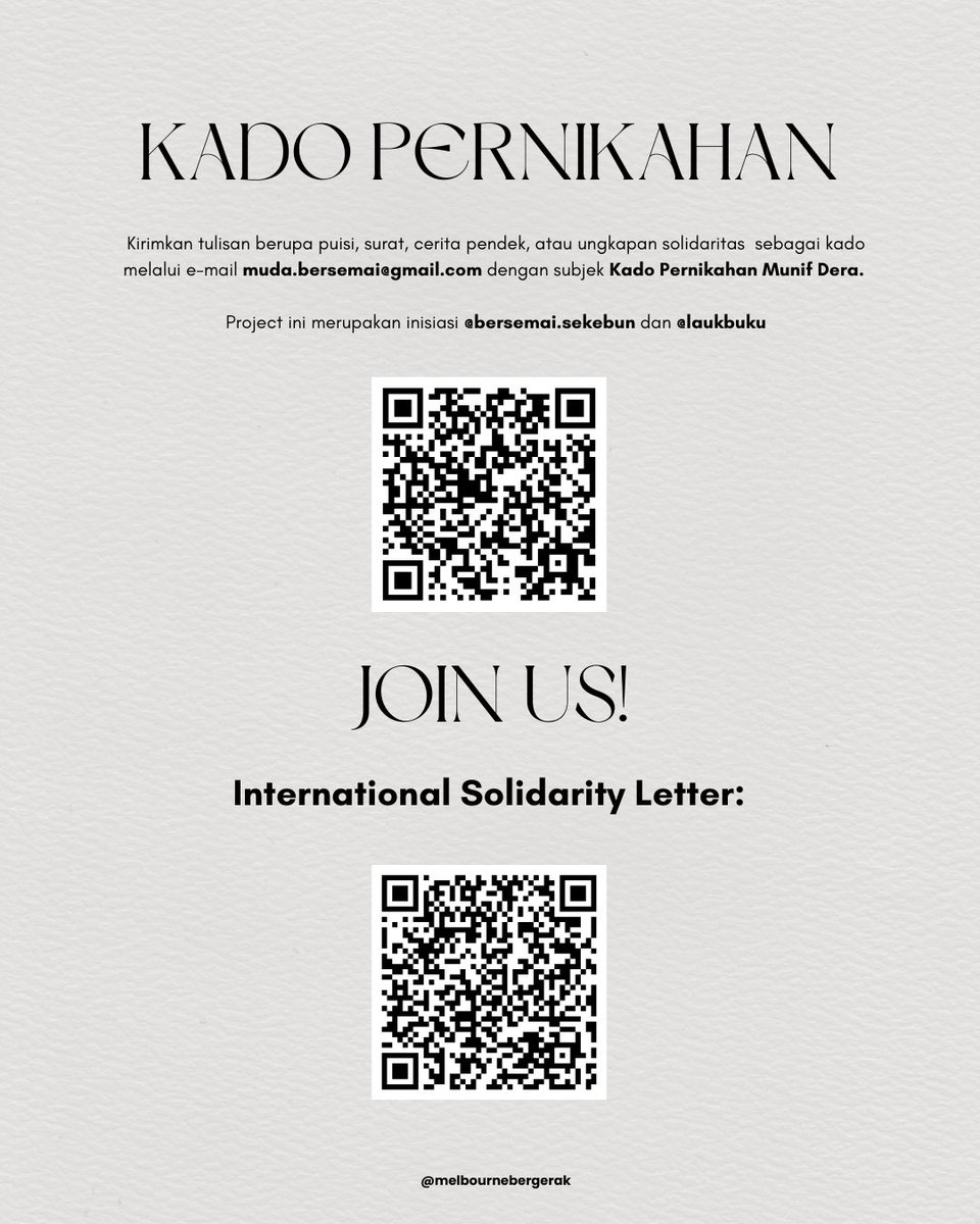 teman2 bisa ikut memberikan dukungan untuk pasangan ini melalui “kado pernikahan” yang diinisiasi oleh Semai dan lauk buku 

untuk teman2 internasional juga bisa bergabung dalam international solidarity letter 🌹💐🌷🌺🌻

#FreeDeraMunif
#FreeOurFriends
#BebaskanKawanKami