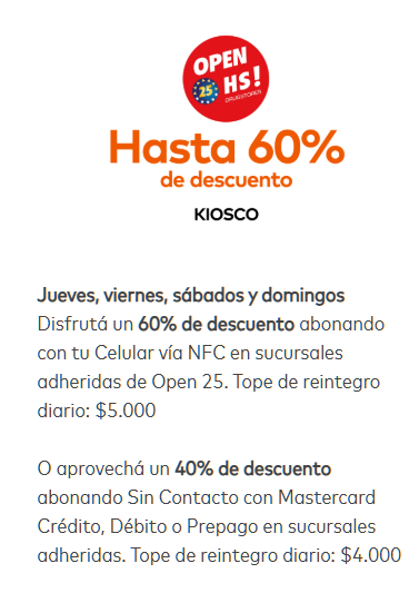 ahorrotwit's tweet photo. Todos los Jueves, Viernes, Sábados y Domingos de Diciembre en #Open25 tenés un 60% pagando con @MastercardArg desde el celu con NFC con tope de $5000 por dia
Y si pagas con tu @MastercardArg física un 40% con tope de $4000 por dia 🍬🍭 https://t.co/Bw1LpNwlYN
