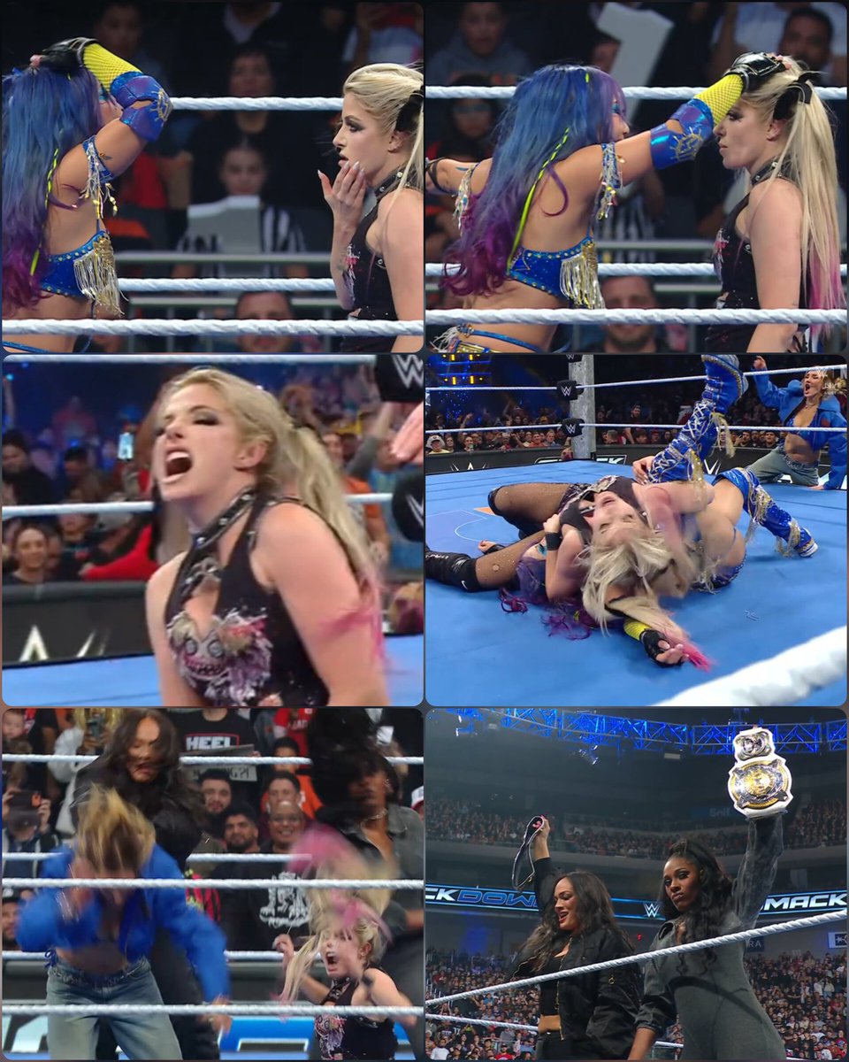 Wrestlish_WAR's tweet image. Congratulations to Alexa Bliss for successfully defeating Kairi Sane 👏👏👏 

After the match, Lash Legend and Nia Jax ambushed Charlotte Flair &amp;amp; Alexa as well as Asuka &amp;amp; Kairi, and stood tall with Women's Tag Team Titles 👊👊👊
#SmackDown