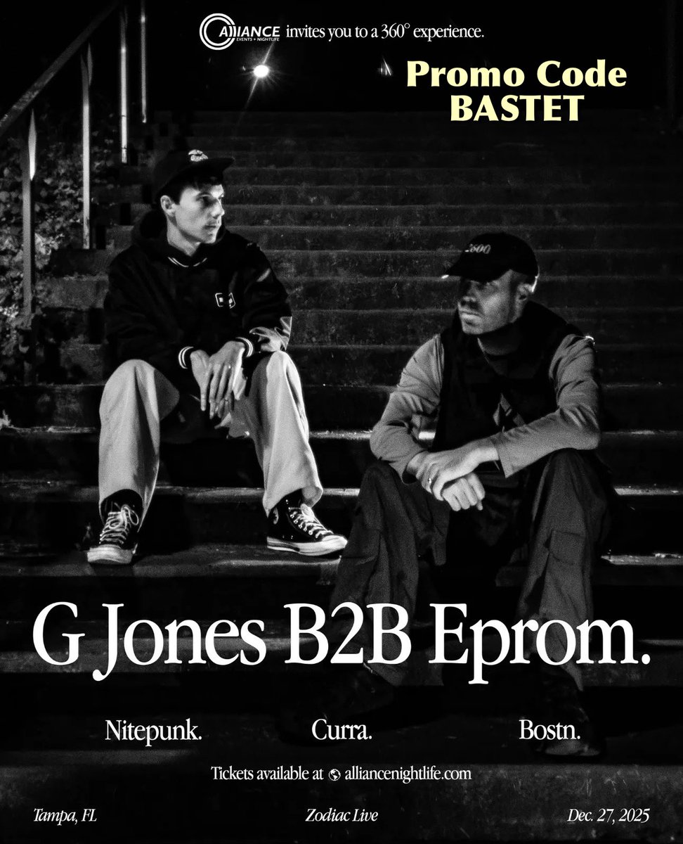 Alliance Events presents <a href="/gjonesbass/">G Jones</a> B2B <a href="/eprombeats/">EPROM</a> ft. <a href="/nitepunk/">Nitepunk</a>, Curra and <a href="/bostn64/">BOSTN</a> 🔥 join us on 12/27 at #ZodiacLive in Tampa! 🔊 use promo code BASTET to save! 🤑

🎟️ linktr.ee/BastetPromotio… 🎟️

#BastetPromotions #AllianceEvents #GJones #EPROM #Nitepunk #Curra #BOSTN