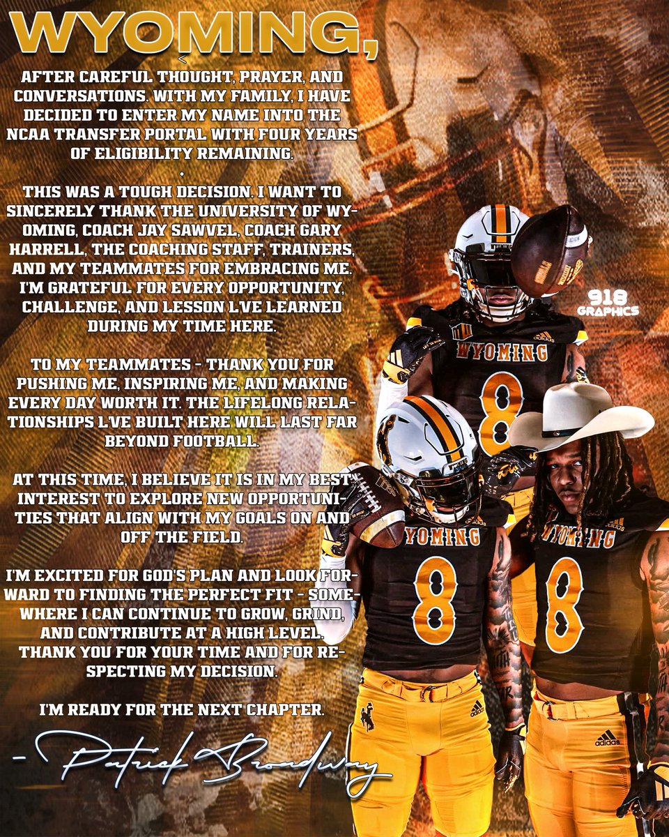 918graphics's tweet photo. BREAKING: @BBroadwayy the RB for @wyo_football has told me he’s entering the transfer portal.

Where’s the next home for the RB going to be 👀👇🏽 https://t.co/A9MHWWe422