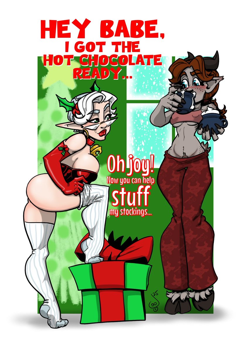 “Hot Chocolate and Stockings” Krampus had planned a quiet night of cuddles and sweet treats. Ms Klaus has other ideas. #HappyHolidays #krampus #msklaus