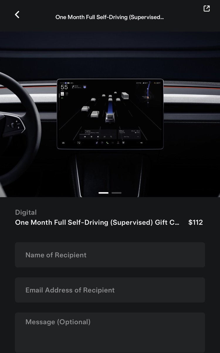 BREAKING: Tesla now officially allows owners to gift FSD (Supervised) subscriptions in the US!

There is a new “One Month FSD (Supervised) Gift Card” in the shop section of the Tesla app.

“Gift one month of FSD (Supervised), which allows the vehicle to drive itself almost
