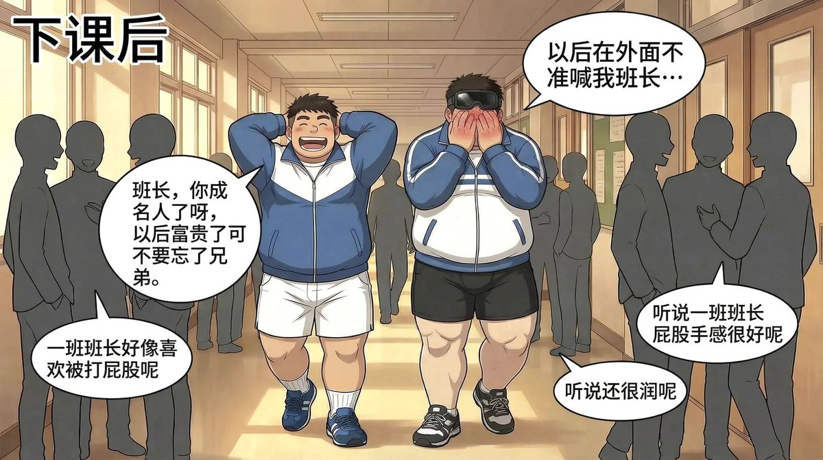Sp小漫画《周昊选班长》（下）
周昊收获了班长和名声，大家也打的开心，真是可喜可贺的结局啊。
喜欢的话请多点赞转发，这个做起来很费时间的，而且做的时候还要憋笑。
#AIart #sp #spank #gay #胖子 #漫画 #剧情 #肉壮