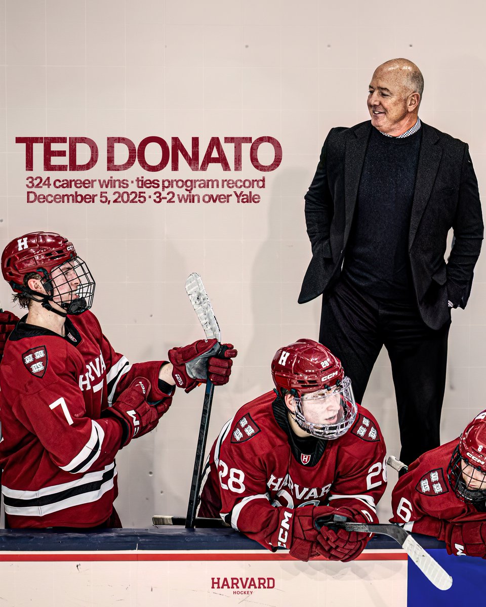 HarvardMHockey's tweet photo. 3️⃣2️⃣4️⃣

Ted Donato has tied Bill Cleary for the most wins in program history. 
#GoCrimson | #OneCrimson https://t.co/vkkV0fu9lb