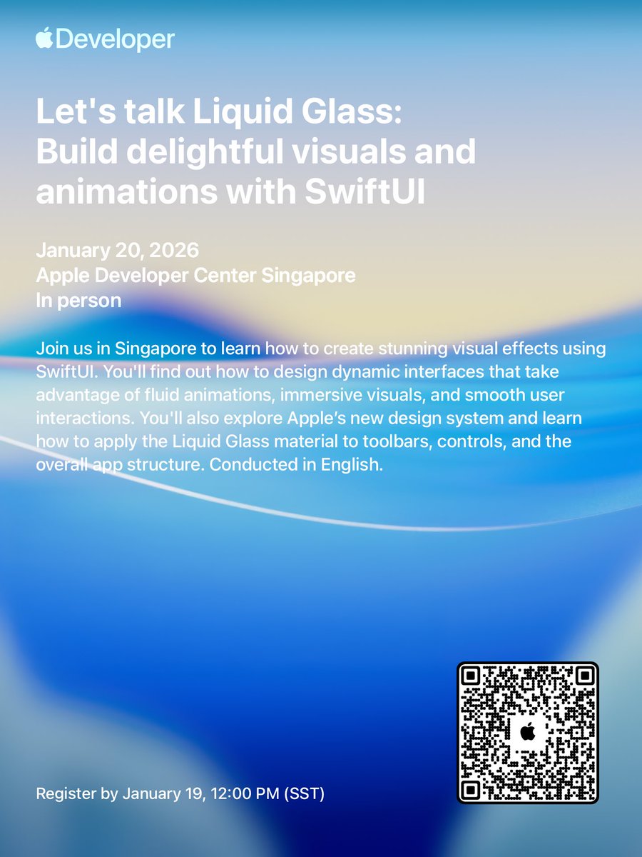Melvin_tan's tweet image. Heading to #iOSConfSG 2026? Don’t miss this Apple event happening the day before!
Join us on Jan 20 at the Apple Developer Center SG for “Let’s talk Liquid Glass” and explore #SwiftUI’s new visual effects ✨
developer.apple.com/events/view/UH…