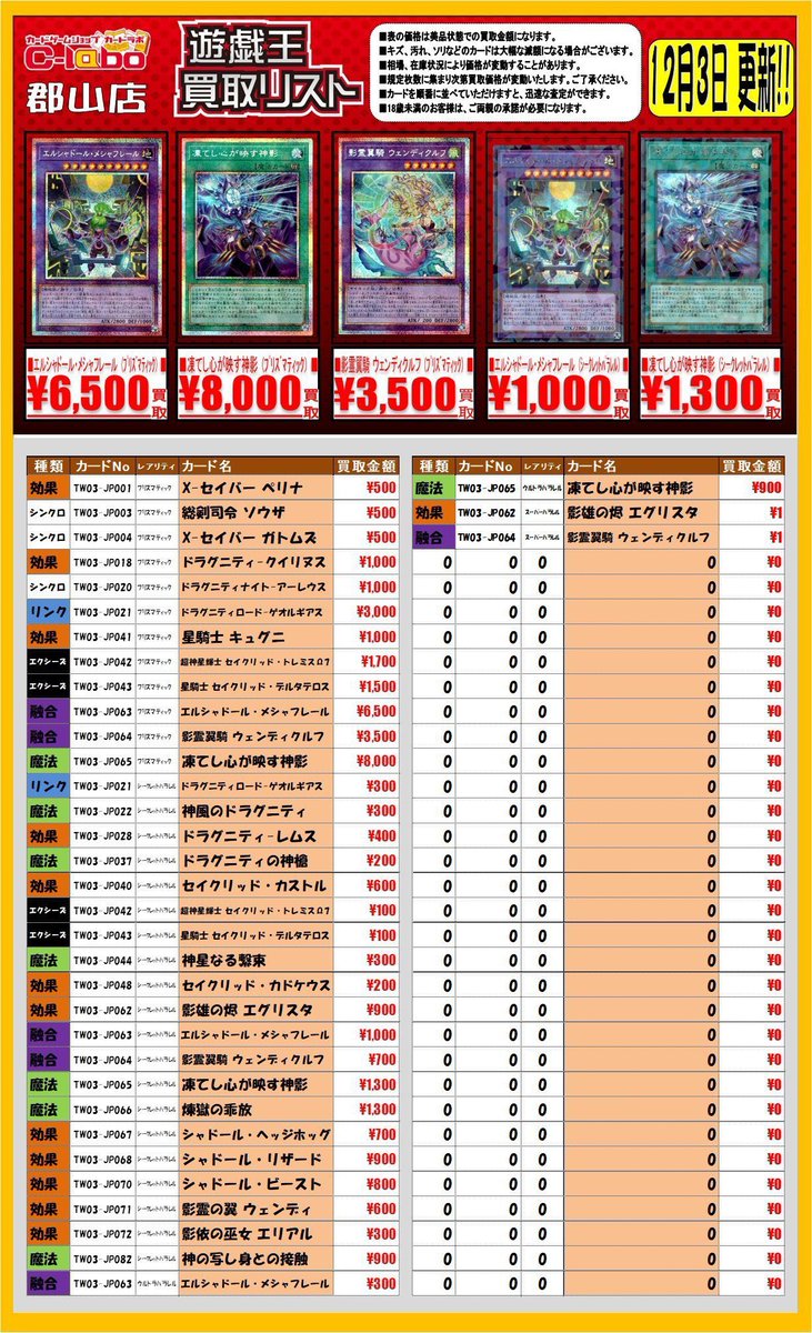 遊戯王OCG 買取情報】 TERMINAL WORLD 3 買取表になります