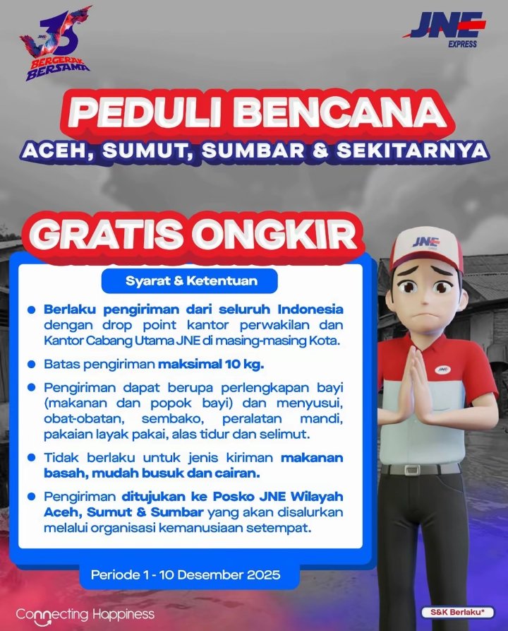 Selamat pagi semuanya.
Mana tau ada teman² mau mendonasikan barang² untuk korban terdampak bencana Sumatera, bisa menggunakan JNE untuk pengiriman gratis. Tanpa alamat lengkap. Bilang aja untuk korban bencana Sumatera.
Max 10kg/paket.
Utamakan kebutuhan anak² &amp; makanan ya🙏