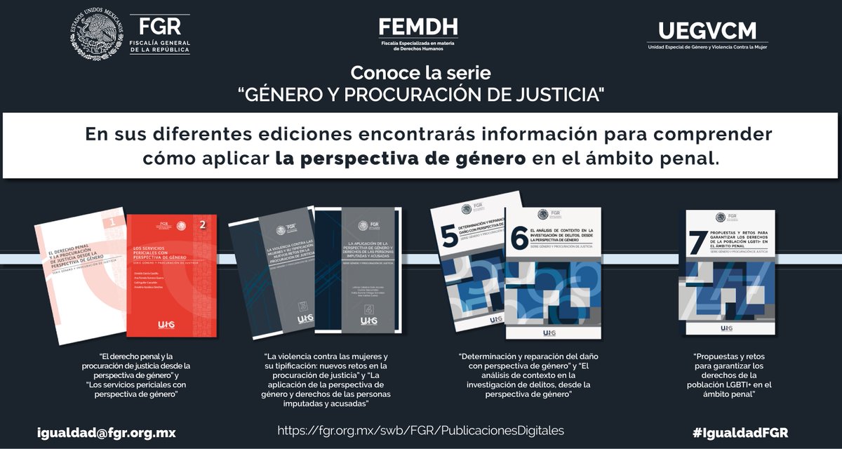 La Serie #GéneroyProcuracióndeJusticia brinda información especializada para que quienes operan el Sistema de Justicia Penal conozcan y comprendan mejor la aplicación de la perspectiva de género. #IgualdadFGR #UEGVCM fgr.org.mx/swb/FGR/Public…