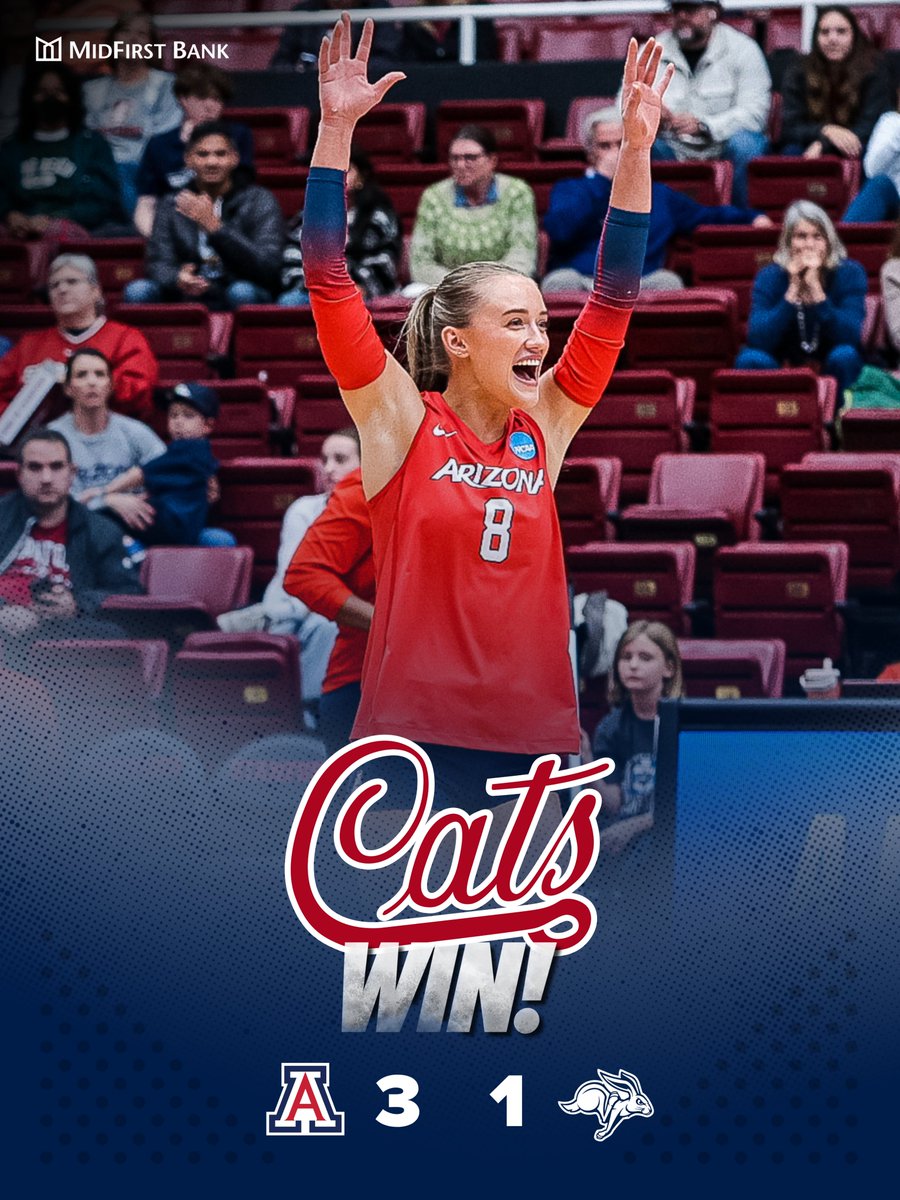 AZATHLETICS's tweet photo. THE CATS ARE MOVIN' ON. 

@ArizonaVBall opens up the NCAA Tournament with a W over South Dakota State! https://t.co/13VIxXfupr