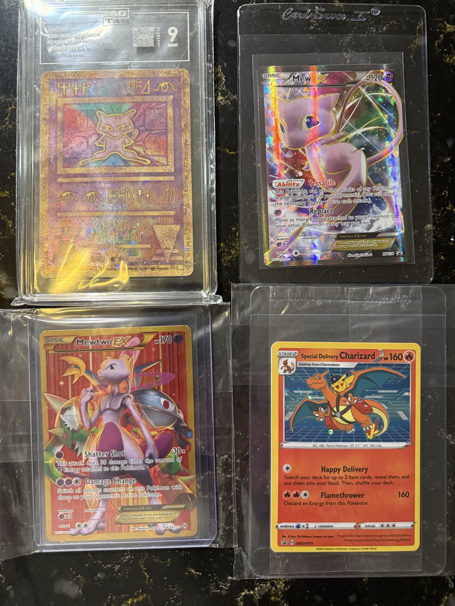SNS_CC's tweet photo. POKEMON SINGLES FOR SALE ‼️ 

Priced to move, includes shipping! 
$975 shipped for the lot($300<market), otherwise 

All NM
Mewtwo & Mew GX - $210
TAG 9 Mewtwo VSTAR- $155
Sylveon V- $145
Special Delivery Charizard- $125
Mewtwo ex- $120
Mew ex- $110
TAG 9 Ancient Mew- $95
Jolteon VMAX- $60
Mew ex SV- $55
Jolteon V- $50
Charizard VSTAR- $50

@BUYSELLTRADETCG 
@ArnoldMoger