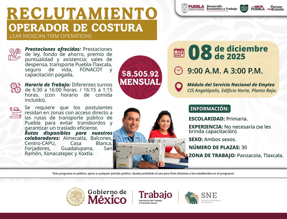 ¿Buscas chamba sin experiencia? 👀
🔥 ¡Esta es tu oportunidad!
🧵 #Reclutamiento de Operador/a de Costura
📅 8 de diciembre
⏰ 9 a.m. – 3 p.m.
📍 Módulo del Servicio Nacional de Empleo, Edificio Norte, CIS Angelópolis
¡Cáele y empieza a trabajar! 💼🚀
