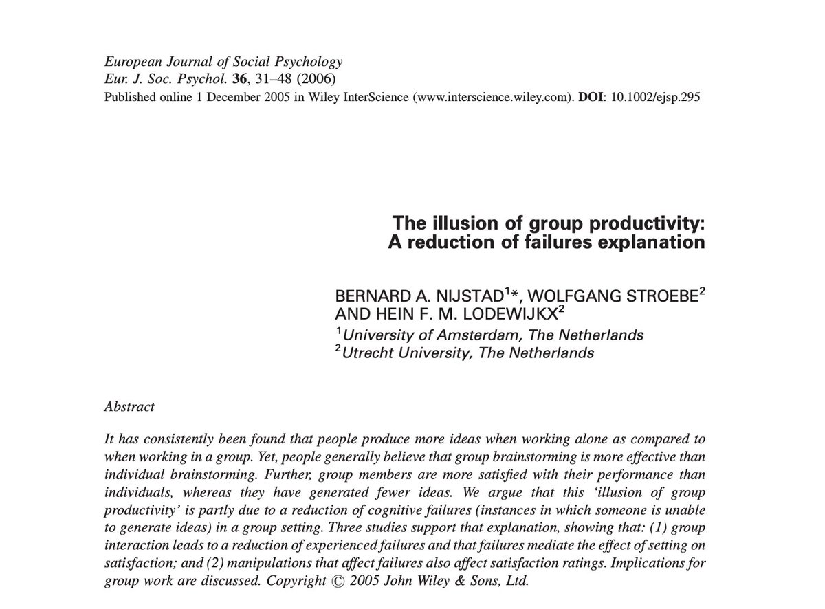 AriyoshiMd's tweet image. 「みんなで考えた方が良いアイデアが出る」は幻想

ブレインストーミングの研究では、実は、一人で考える方がアイデアの量は多いことが示唆されている

それなのに、なぜかグループワークの方が「満足度」が高い。 

その理由は、自分が何も思いつかない気まずい時間を、他人の発言が埋めてくれるから