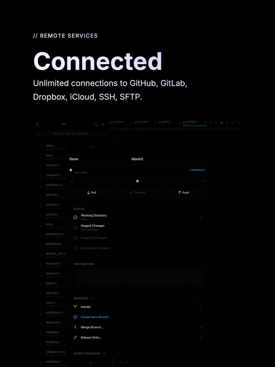 buffereditor's tweet image. Buffer Editor 20.0 is now available.

Major Update! Redesigned from the ground up.
A lot of these features came from your requests. I hope you enjoy the update.

• New UI
• New Git Operations / Manager.
And much more....

#buffereditor #ipadpro  #codeeditor #coding #iOS26