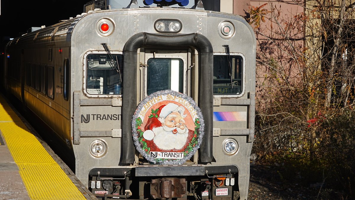 NJTRANSIT's tweet photo. 🎅 Santa Claus traded in his reindeer and rode the rails! He boarded a special NJ TRANSIT train for the annual Railmen For Children Santa Train. St. Nick led a joyful journey along the Montclair-Boonton Line, filled with presents, treats, decorations, and lots of holiday cheer! https://t.co/TNn31qFJKC