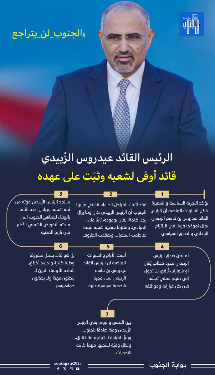 حين تتقدم القوات الجنوبية تتقدّم معها كرامة شعب كامل ، اللحظة تتطلب وحدة موقف وأن يقف الجميع خلف قيادة الرئيس عيدروس الزبيدي دون تردد.
#الجنوب_لن_يتراجع