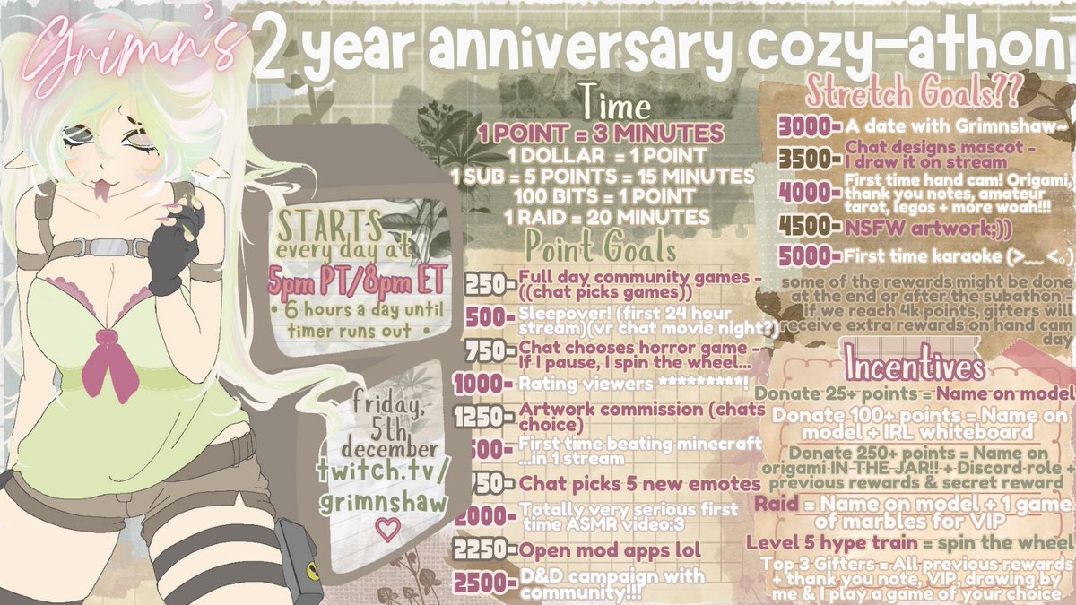 GRIMNSHAW's tweet photo. goals+rewards sheet!!!
── ⋆⋅☼⋅⋆ ──
📌 - https://t.co/qu51ZGXRuv
📆 - December 5th, 2025
⏰ - DAILY @ 5pm PT until timer ends
── ⋆⋅☼⋅⋆ ──

I will be starting a short &amp; cozy subathon in ~3 hours in celebration of 2 amazing years of streaming!!?!/
See you then~ https://t.co/zmzbd2JOaM