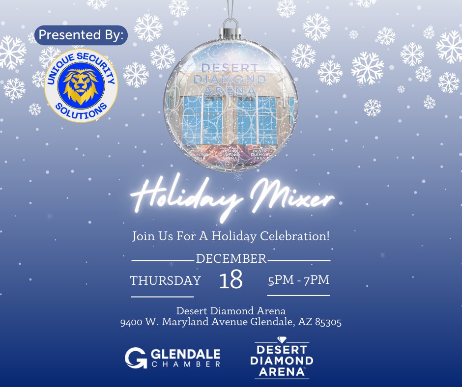 Twas a night of Glendale Chamber cheer! ❄️

Presented by Unique Security Solutions, join us for our final hoorah in 2025 as we close out the year with friends, food, drinks &amp; all-around cheer!

🎵 Music by Mixx It Entertainment
🎅 Visit from Santa

chamberorganizer.com/Calendar/morei…