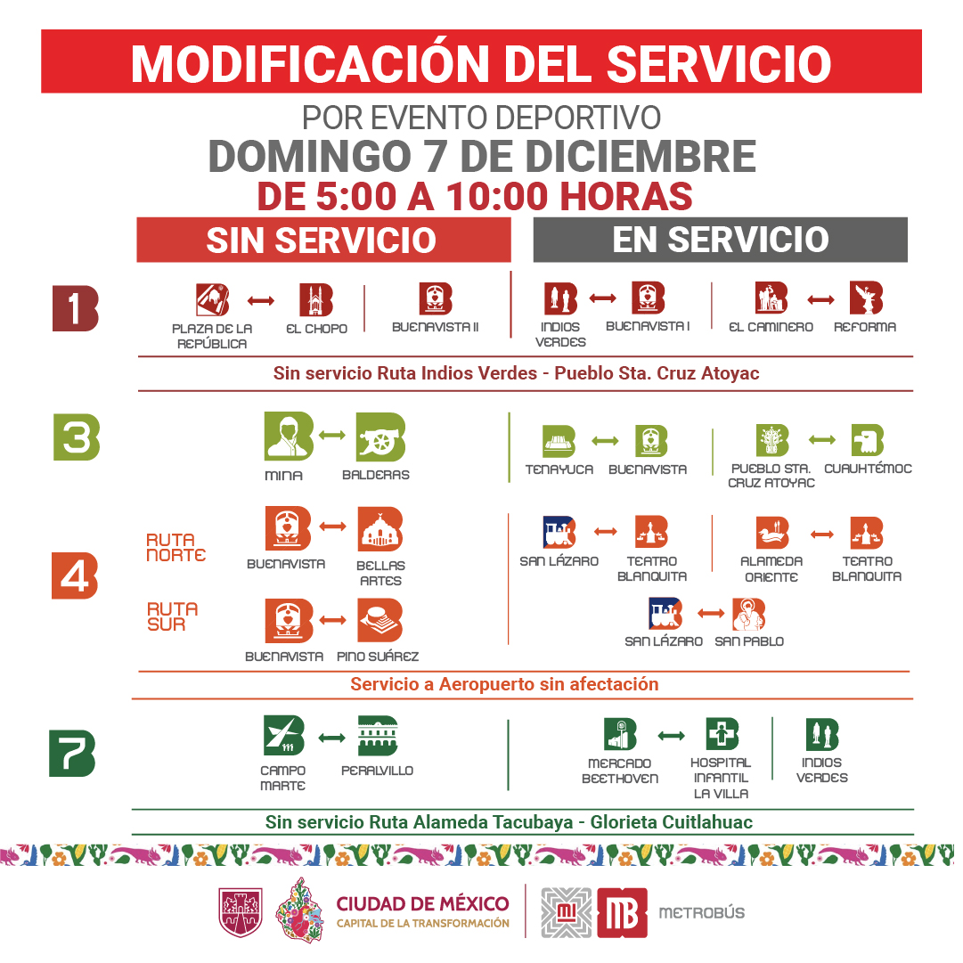 MetrobusCDMX's tweet photo. 🚨AVISO 

Recuerda, por evento deportivo mañana domingo 7 de diciembre, las líneas 1, 3, 4 y 7 de #Metrobús tendrán modificaciones en el servicio. 🚍🫡

Consulta el Estado del Servicio en tiempo real. 👇
https://t.co/oU8f4Ffn0y https://t.co/T3o8XcwSek