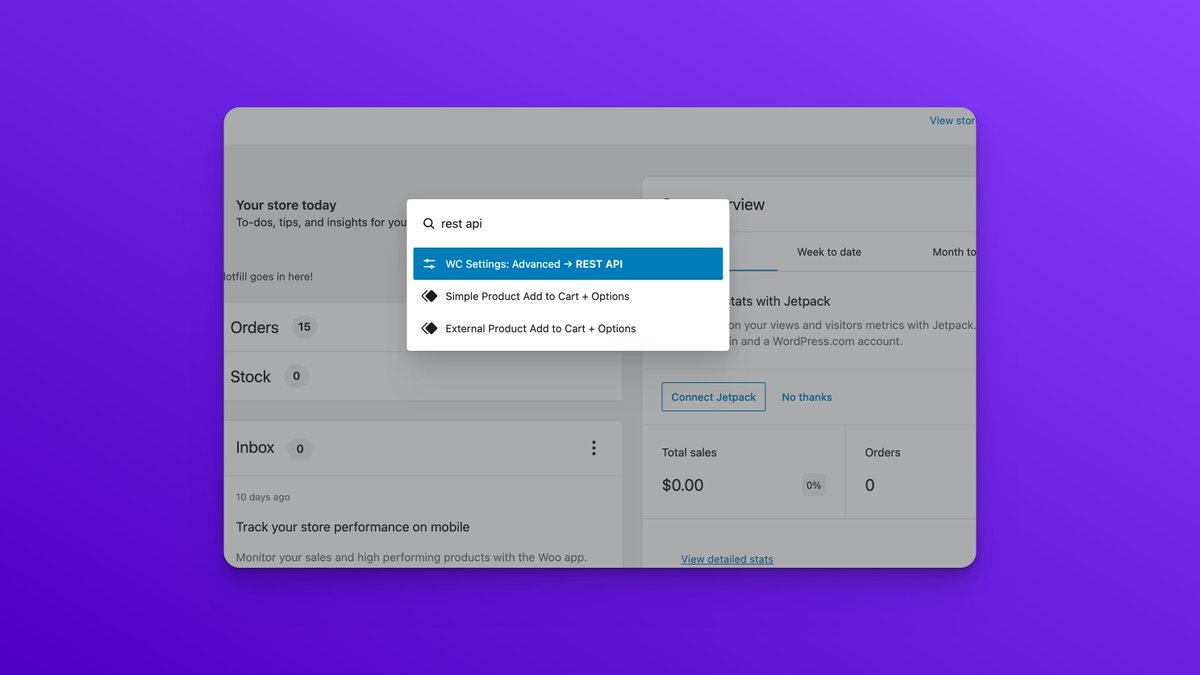 What if the new WordPress Command Palette also helped you find the right settings page for <a href="/WooCommerce/">Woo</a> ?

Here's a prototype I threw together, inspired by <a href="/mikemcalister/">Mike McAlister 🛹</a>