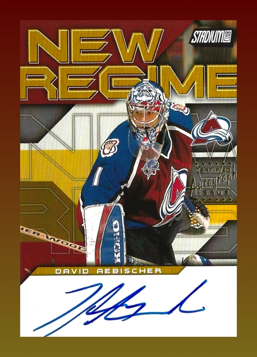 A Stanley-Cup winning goalie who had huge skates to fill upon the retirement of Patrick Roy is up for today's #SignatureSaturday.

This 2001-02 #Topps #StadiumClub New Regime Autograph card features a hard-signed signature of #DavidAebischer with the #ColoradoAvalanche.