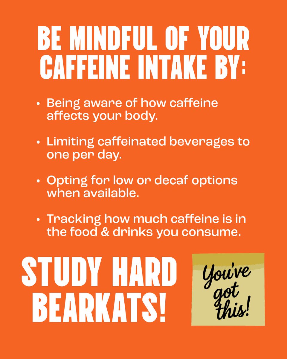Are you staying caffeinated ☕ while studying for finals? You may be consuming more than you think. Too much caffeine can cause increased🫀 rate, heart palpitations, high blood pressure, anxiety, &amp; more.

Moderation is key. 🗝 Stay hydrated &amp; study hard Bearkats! 🧡

#KatHealth