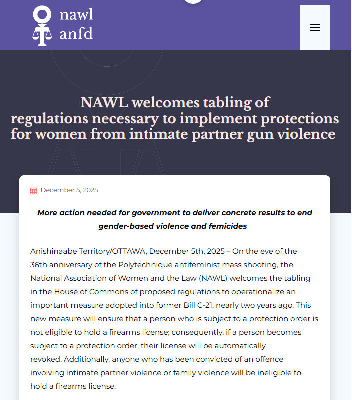 Polysesouvient's tweet photo. .@NAWL_ANFD welcomes the tabling of regulations necessary to implement protections for women from intimate partner gun violence but warns that, as written, they weaken the law in violation of the wording and spirit of in former #BillC21. #Dec6 https://t.co/OHr7yIm1OV https://t.co/JHSOMyhIFC