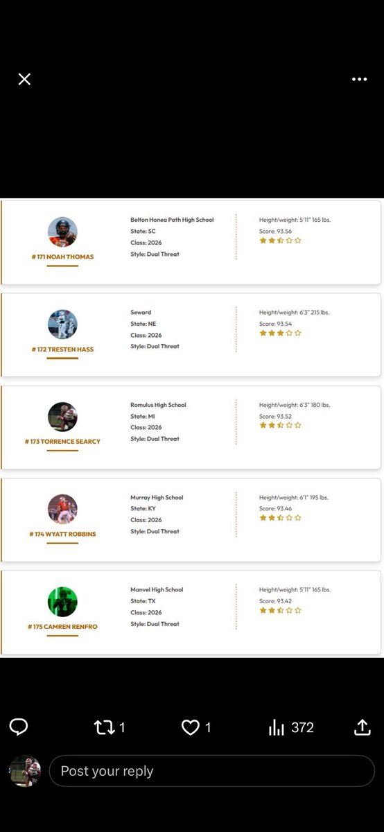 Big thank you to <a href="/QBHitList/">QBHitList.com</a> for ranking me top 200 Dual Threat QB in the C/O 2026!!