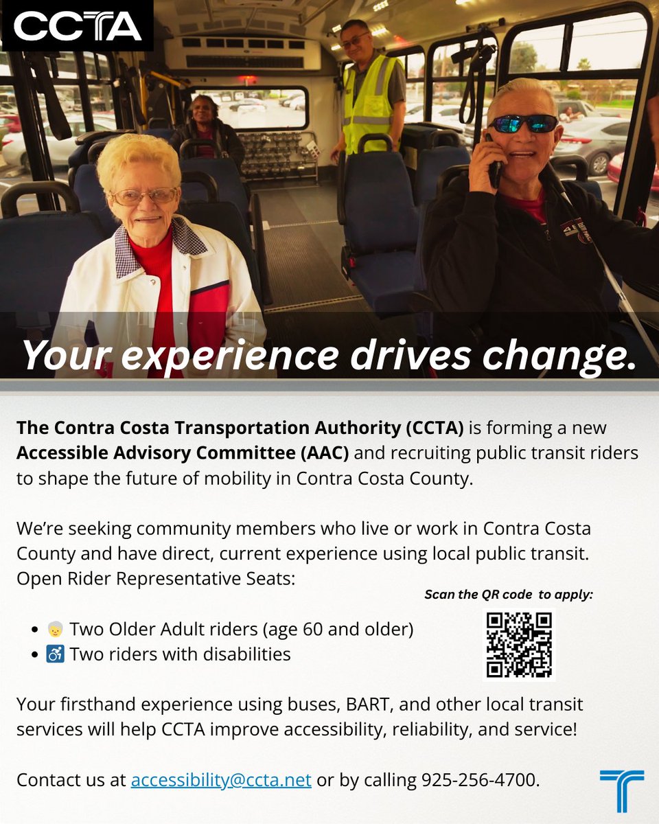 TriDeltaTransit's tweet image. Are you a Contra Costa County resident who has thoughts on how to make taking transit in the County more accessible? If you're an older adult or an individual with a disability, apply to serve on their new Accessible Advisory Committee: ow.ly/ZwFc50XEno4